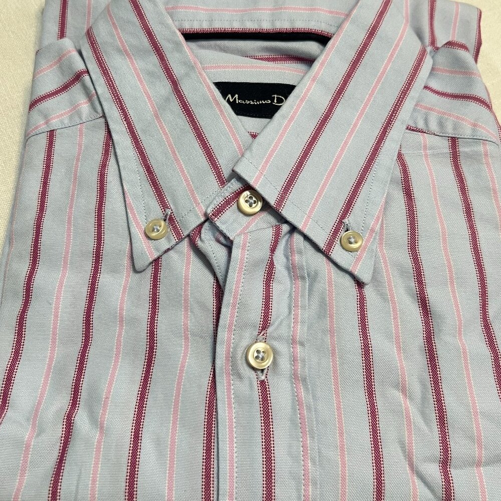 Massimo Dutti Men's Striped Shirt L Long Sleeve Button Up Casual Blue Red